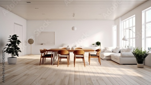 Interior of modern spacy minimalist white living room with dining area. Comfortable couch, wooden dining table with chairs, houseplants in pots, large windows, wooden floor. Mockup, 3D rendering.
