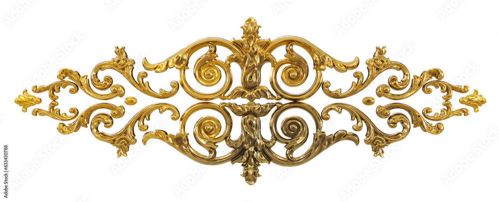 3D render of vintage gold baroque frame scroll, gold ornament on transparent background - obrazy, fototapety, plakaty 