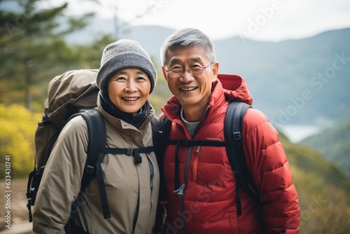 Portrait of a Active Healthy Asian Hikers Hiking. Aging Gracefully