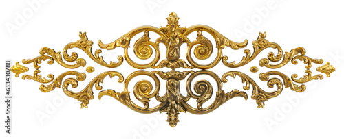 3D render of vintage gold baroque frame scroll, gold ornament on transparent background