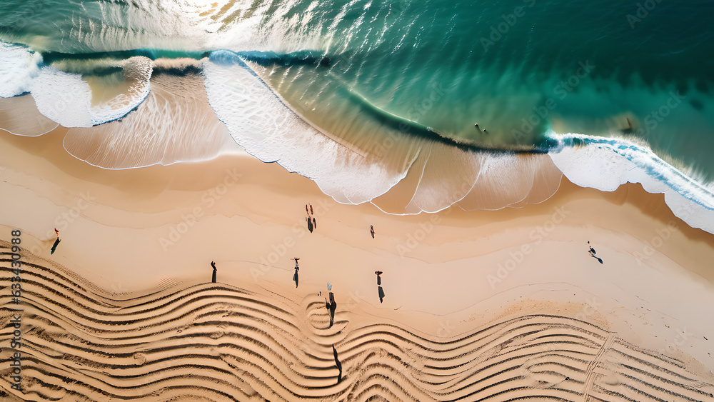 Spectacular top view from drone photo of beautiful beach with relaxing sunlight, sea water waves pounding the sand at the shore. Calmness and refreshing beach scenery. - obrazy, fototapety, plakaty 