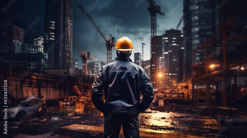 engineer inspecting construction site at night. Generative Ai. engineer inspecting construction site at night. Generative Ai.