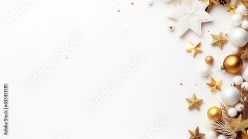 christmas decoration golden white balls and stars on white background with empty space to insert. Generative Ai.