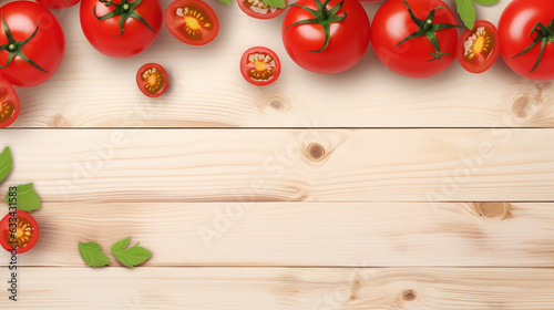 red tomatoes on a wooden table with empty space to insert top view