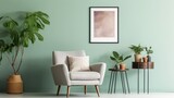 Front view of a modern living room in green tones. Green wall with poster template, comfortable armchair, coffee tables, green plants in pots. Mockup, 3D rendering.