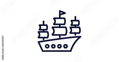 old galleon icon. Thin line old galleon icon from nautical collection. Outline vector isolated on white background. Editable old galleon symbol can be used web and mobile