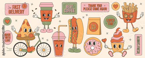 Retro groovy cartoon mascot set. Fast food stickers for restaraunt, cafe and delivery.