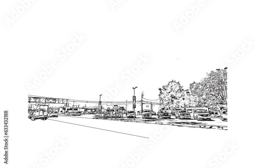 Building view with landmark of Redding
City in California. Hand drawn sketch illustration in vector.