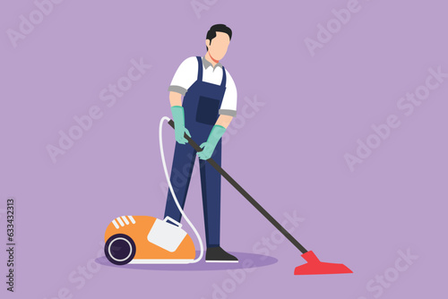Graphic flat design drawing of active man with vacuum cleaners of various types isolated on blue background. Washing and cleaning service. Disinfection and cleaning. Cartoon style vector illustration