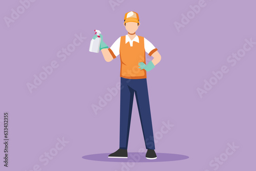 Cartoon flat style drawing man washing windows at home. Housework chores, male doing house work domestic duties. Guy cleaning and tidying up. Housekeeping routine. Graphic design vector illustration