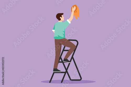 Cartoon flat style drawing window washer is cleaning window using a squeegee. Professional housekeeping service. Cleaner standing on ladder and washing with sponge. Graphic design vector illustration