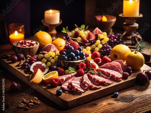 Seasonal Fruit Cut Up And Arranged On A Wooden Board