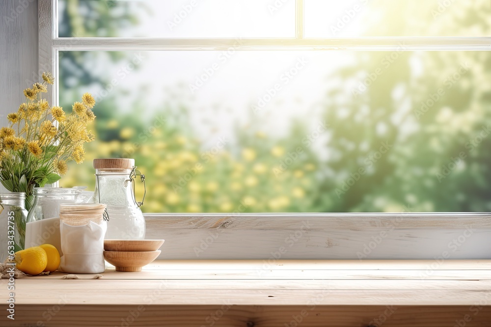The kitchen summer window background is blurred, serving as the backdrop for a bleached wooden table top.