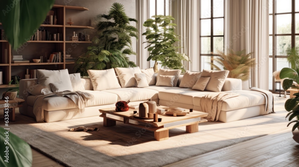 Cozy elegant boho style living room interior in natural colors. Comfortable corner couch with cushions, many houseplants, wooden coffee table, shelving, rug on wooden floor, home decor. 3D rendering. Cozy elegant boho style living room interior in natural colors. Comfortable corner couch with cushions, many houseplants, wooden coffee table, shelving, rug on wooden floor, home decor. 3D rendering.