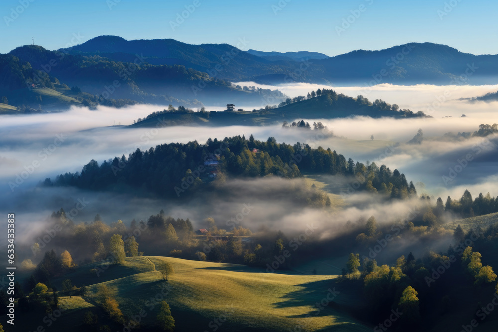 Alpine foggy valley in the morning