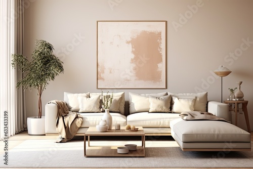 Stylish living room with a mock up poster frame  neutral colors  and personal accessories.