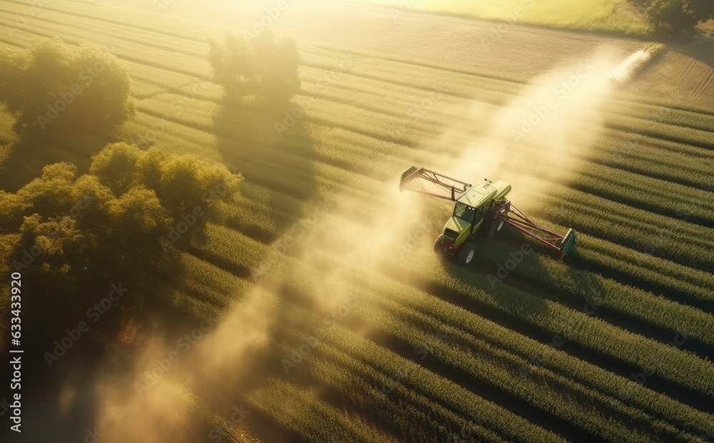 Aerial view of a Tractor fertilizing a cultivated agricultural field.