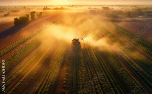 Aerial view of a Tractor fertilizing a cultivated agricultural field.
