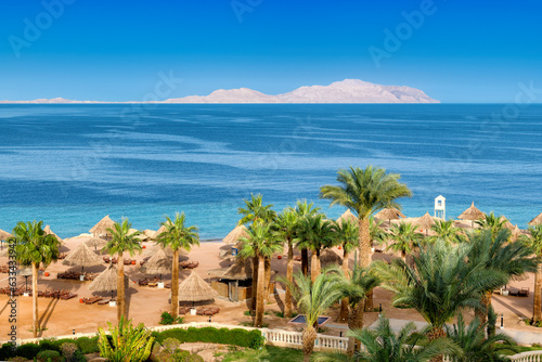 Paradise beach at sunset. Aerial view of tropical beach with palm trees  umbrellas and tropical sea  Sharm el Sheikh  Egypt.