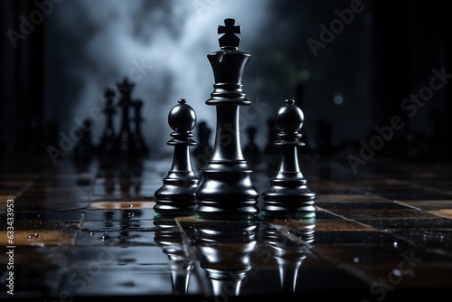 Black and white chess set on chess board with dark background.