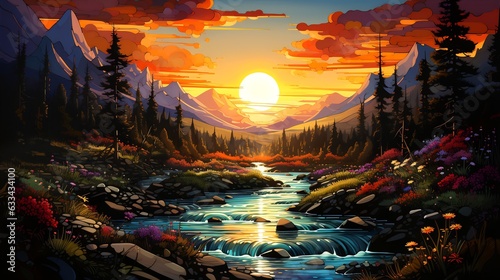 Image of sunset over river with mountains in the background.