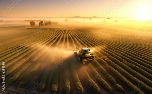 Aerial view of a Tractor fertilizing a cultivated agricultural field.