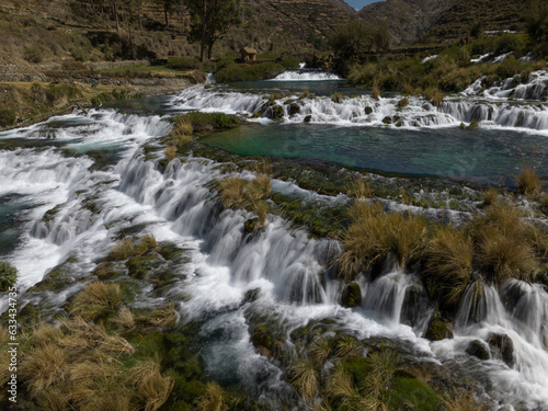 Panoramic view of the river and water falls in Huancaya  Yauyos  Peru