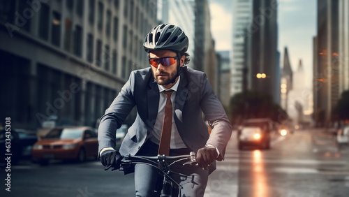 Geschäftsmann mit Anzug und Helm auf einem Fahrrad durch die Stadt, ai generativ