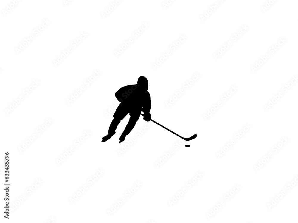 Fototapeta premium Female ice hockey player silhouette vector. Female hockey player skating with stick isolated white background. Female hockey player art, icon, logo.