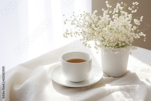 Nordic inspired home decor with a minimalistic touch � a cup of coffee, a vase of gypsophila flowers, and a white tablecloth on a table against a white wall.