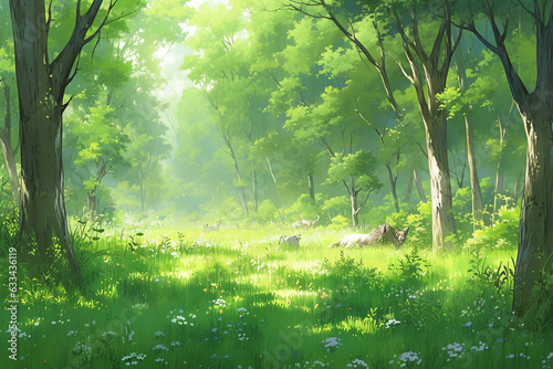 森の背景イメージ。水彩画タッチ。セル画調。