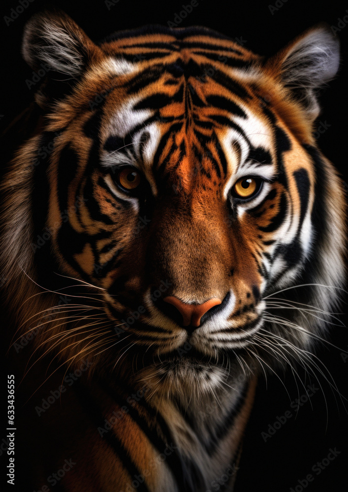 Animal face portrait of a wild tiger in a dark backdrop conceptual for frame
