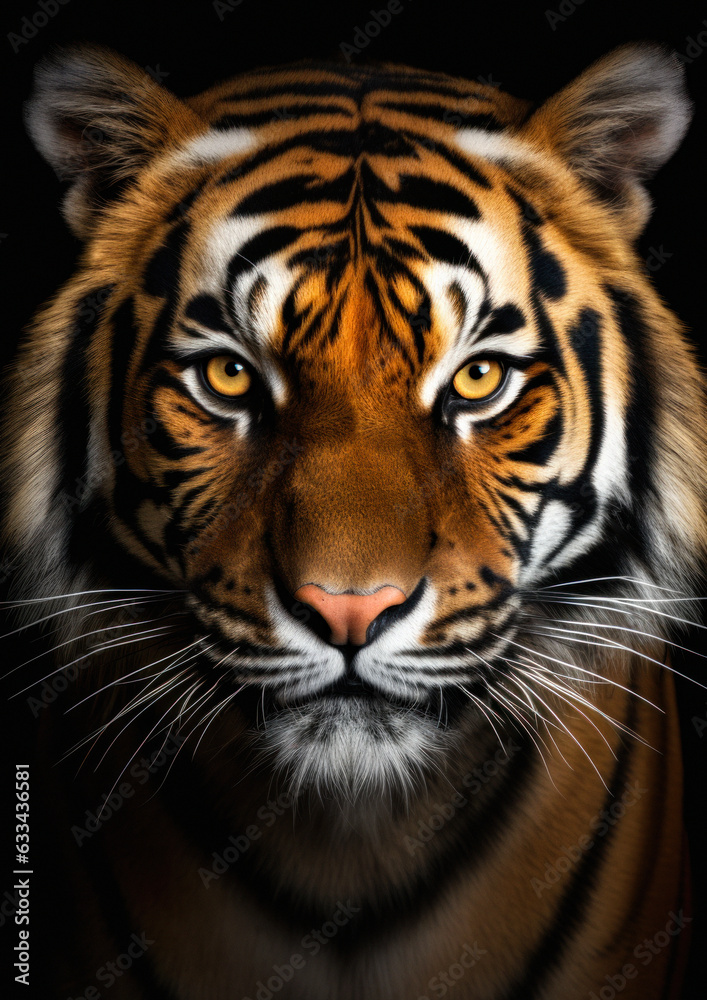Obraz premium Animal face portrait of an Asian tiger in a black backdrop conceptual for frame