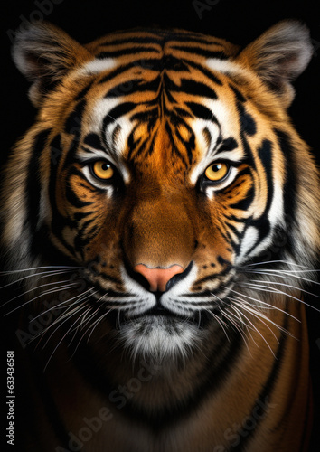 Animal face portrait of an Asian tiger in a black backdrop conceptual for frame