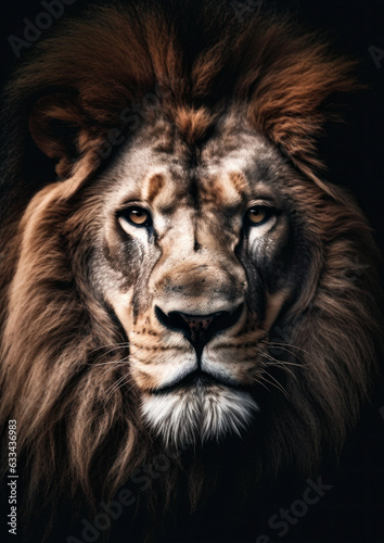 Photograph of a wild lion on a dark background conceptual for frame