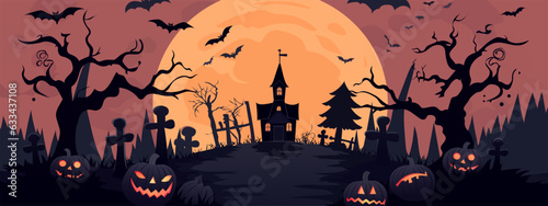 Halloween poster. Halloween pumpkins, bats, a graveyard and a scary castle against the backdrop of a big orange moon. vector illustration. Festive flyer, poster or banner.