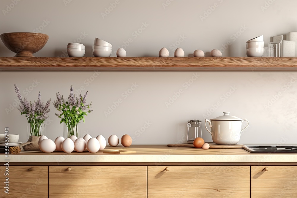 A rendered closeup image of an open space on a stunning wooden kitchen counter. The spot is devoid of any items and presents a clean slate. The counter is adorned with trendy kitchenware, showcasing