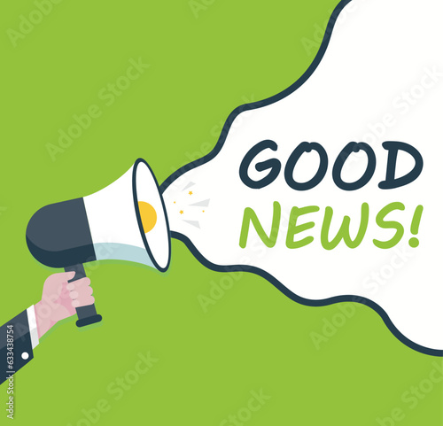 Good News- Male hand holding megaphone. Loudspeaker. Banner for business, marketing and advertising. Vector illustration