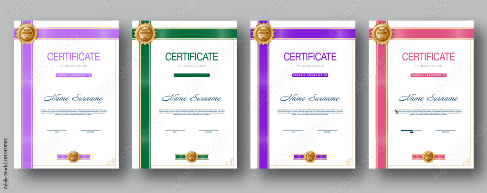Certificate. A set of mock-ups of the certificate of recognition of education, training, achievements. Four color designs