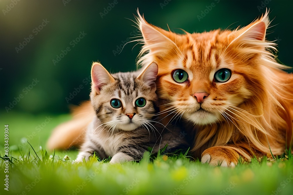 cat sitting with little kitten 