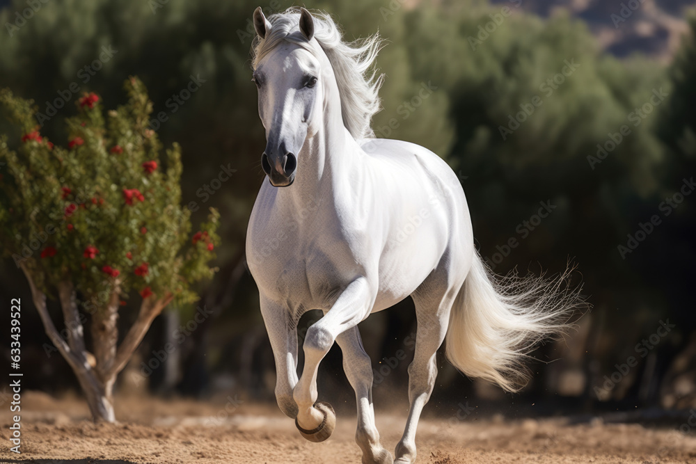 White Andalusian horse run gallop outdoors. Andalusian horse, originating from the Iberian Peninsula, is admired for its elegance and versatility in various equestrian pursuits