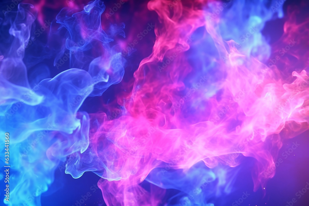 Dark abstract background, magic smoke and sparks, neon pink blue and white glowing. AI Generative