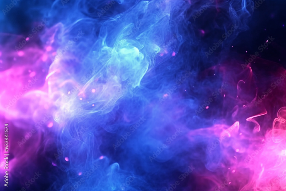 Dark abstract background, magic smoke and sparks, neon pink blue and white glowing. AI Generative