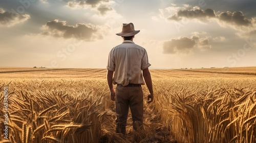 A farmer stands in a wheat field, view from back. Created using Generative AI technology.