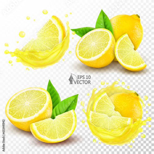 Vector set of ripe lemons, whole fruit and pieces with leaves. Realistic transparent splash of fresh natural juice. 3d isolated food illustration, package design element