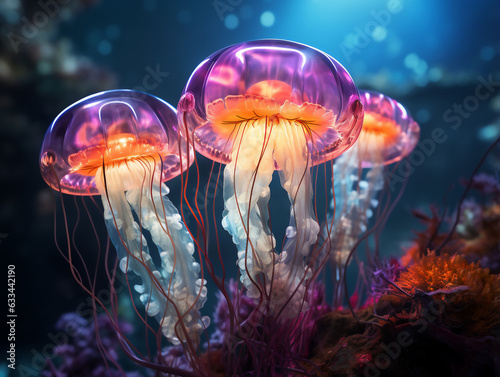 Surreal neon body texture jelly fish, surreal under water background, close up. Group of animals, Generative Ai illustration © panya7