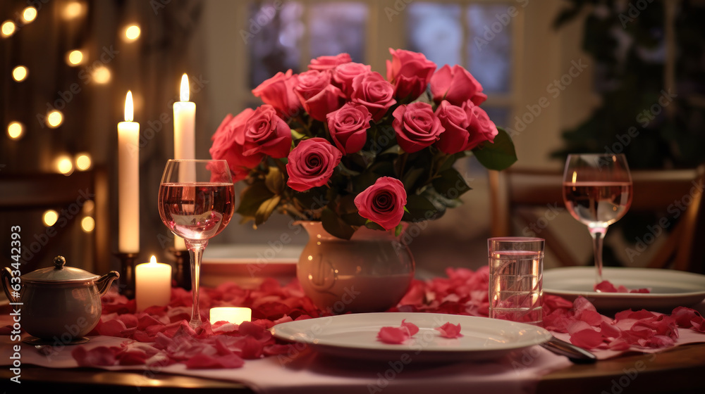 romantic dinner with a red rose bouquet. generative ai