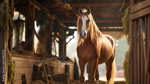 beautiful brown horse in the stable. generative ai
