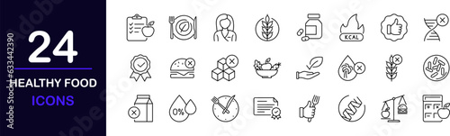Healthy Food web icons set. Organic Food - simple thin line icons collection. Gluten lactose, and sugar free, not GMO, palm oil, diet and more. Simple web icons set