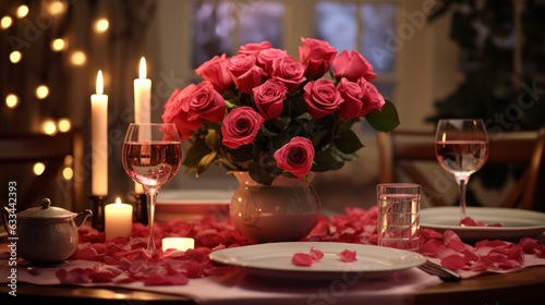 romantic dinner with a red rose bouquet. generative ai